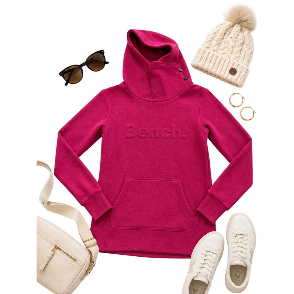 Bench Hot Pink Cowl Neck Fleece Hoodie Kangaroo Pocket Women's XS Logo Pullover